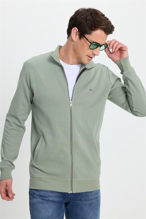 Erkek Slim Fit Dar Kesim Pamuklu Tam Fermuarlı Çift Cepli Dik Yaka Yeşil Sweatshirt Hırka