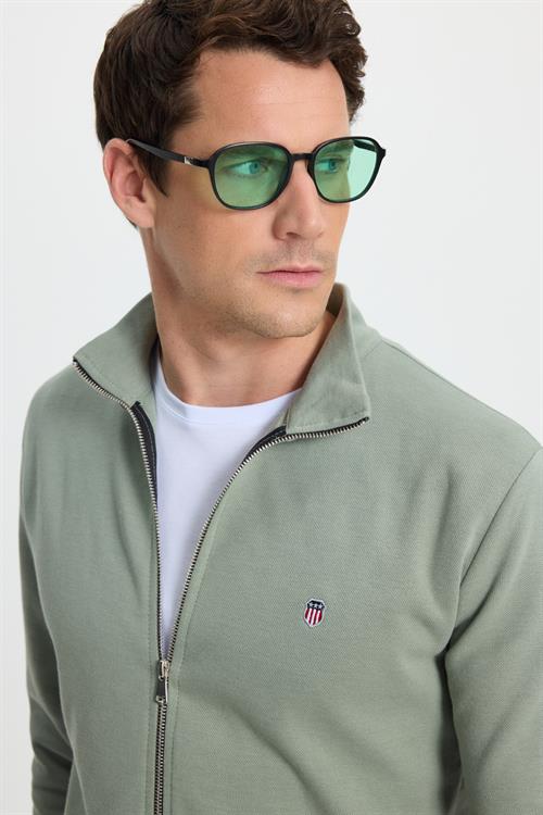 Erkek Slim Fit Dar Kesim Pamuklu Tam Fermuarlı Çift Cepli Dik Yaka Yeşil Sweatshirt Hırka