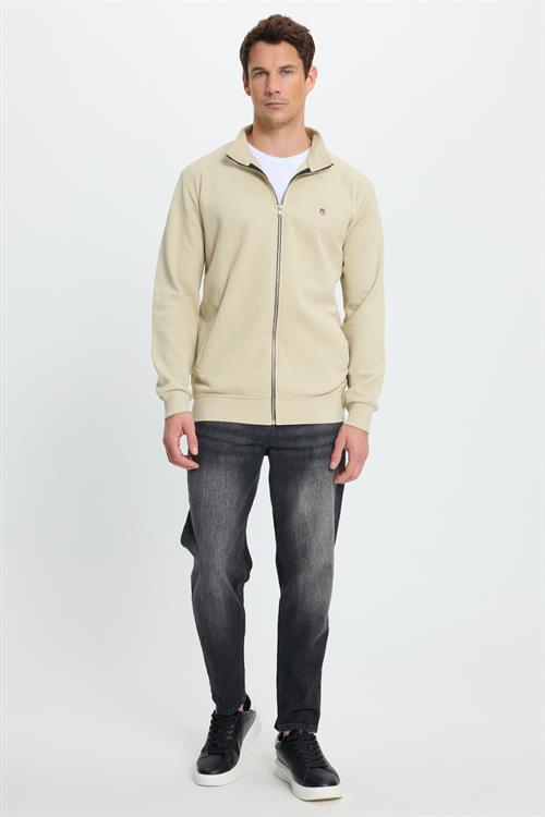 Erkek Slim Fit Dar Kesim Pamuklu Tam Fermuarlı Çift Cepli Dik Yaka Krem Sweatshirt Hırka