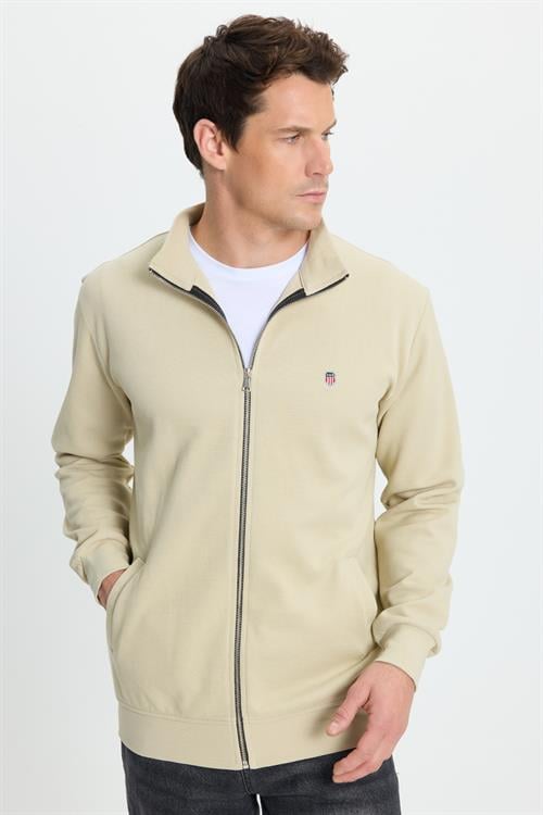 Erkek Slim Fit Dar Kesim Pamuklu Tam Fermuarlı Çift Cepli Dik Yaka Krem Sweatshirt Hırka