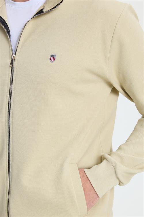 Erkek Slim Fit Dar Kesim Pamuklu Tam Fermuarlı Çift Cepli Dik Yaka Krem Sweatshirt Hırka