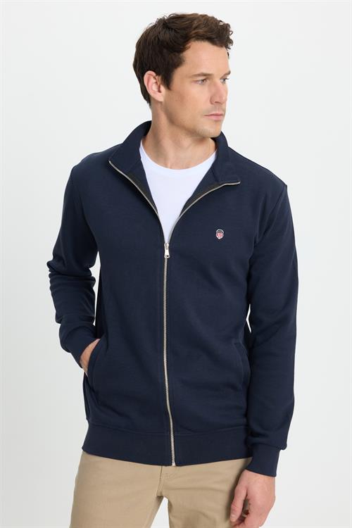 Erkek Slim Fit Dar Kesim Pamuklu Tam Fermuarlı Çift Cepli Dik Yaka Lacivert Sweatshirt Hırka