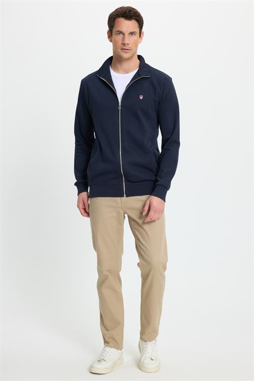 Erkek Slim Fit Dar Kesim Pamuklu Tam Fermuarlı Çift Cepli Dik Yaka Lacivert Sweatshirt Hırka