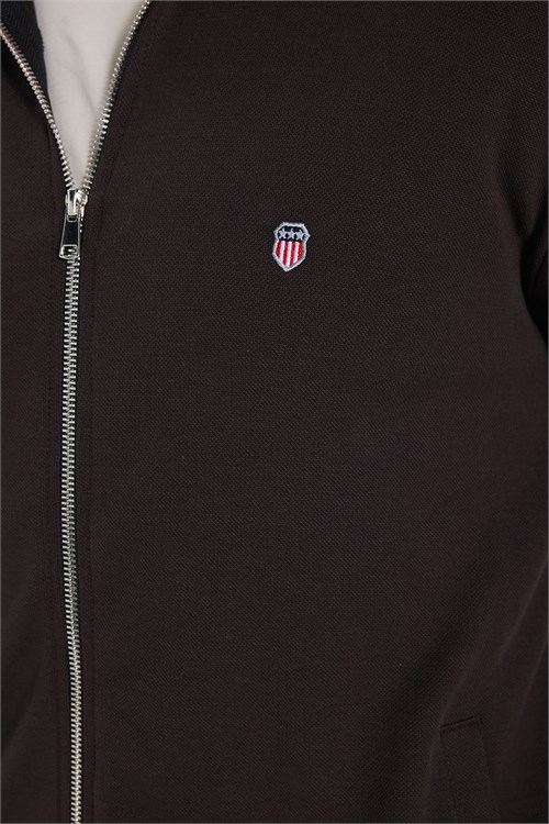 Erkek Slim Fit Dar Kesim Pamuklu Tam Fermuarlı Çift Cepli Dik Yaka Koyu Kahverengi Sweatshirt Hırka
