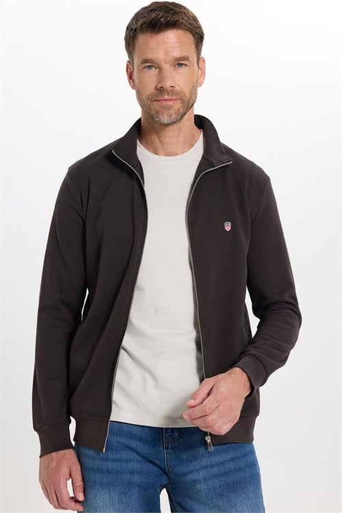 Erkek Slim Fit Dar Kesim Pamuklu Tam Fermuarlı Çift Cepli Dik Yaka Koyu Kahverengi Sweatshirt Hırka