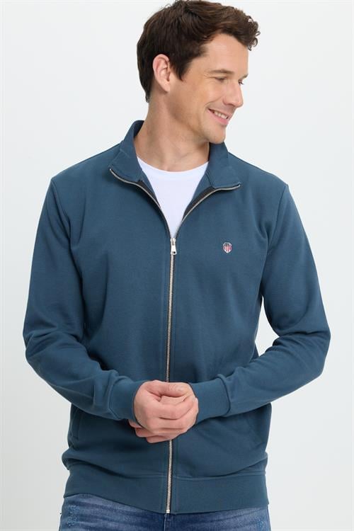 Erkek Slim Fit Dar Kesim Pamuklu Tam Fermuarlı Çift Cepli Dik Yaka Petrol Sweatshirt Hırka