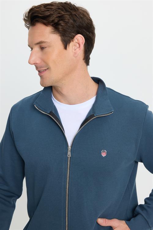 Erkek Slim Fit Dar Kesim Pamuklu Tam Fermuarlı Çift Cepli Dik Yaka Petrol Sweatshirt Hırka