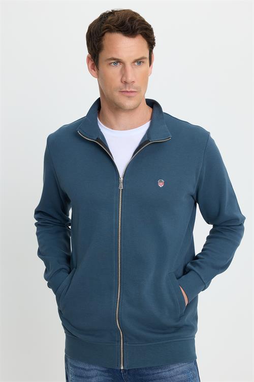 Erkek Slim Fit Dar Kesim Pamuklu Tam Fermuarlı Çift Cepli Dik Yaka Petrol Sweatshirt Hırka