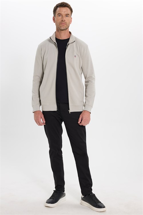 Erkek Slim Fit Dar Kesim Pamuklu Tam Fermuarlı Çift Cepli Dik Yaka Taş Rengi Sweatshirt Hırka