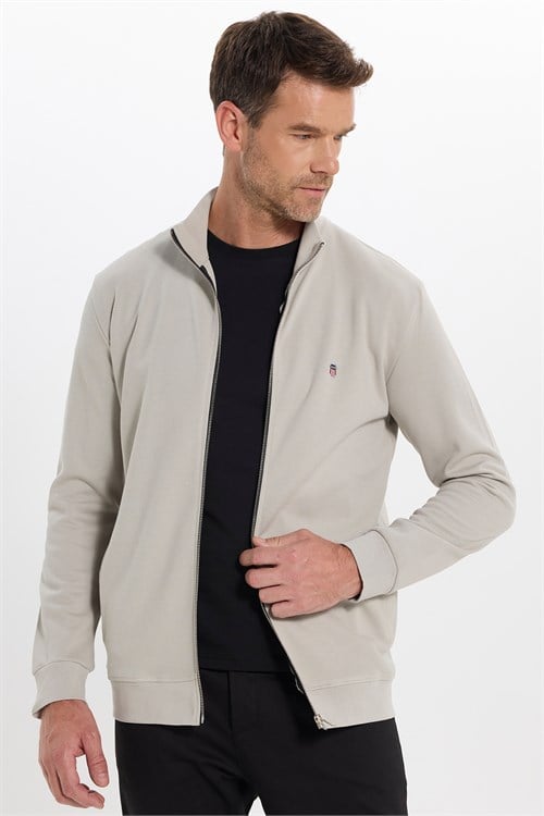 Erkek Slim Fit Dar Kesim Pamuklu Tam Fermuarlı Çift Cepli Dik Yaka Taş Rengi Sweatshirt Hırka