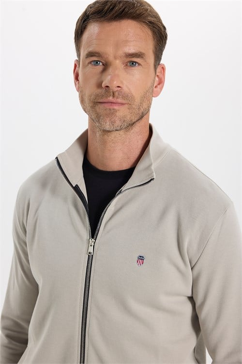 Erkek Slim Fit Dar Kesim Pamuklu Tam Fermuarlı Çift Cepli Dik Yaka Taş Rengi Sweatshirt Hırka