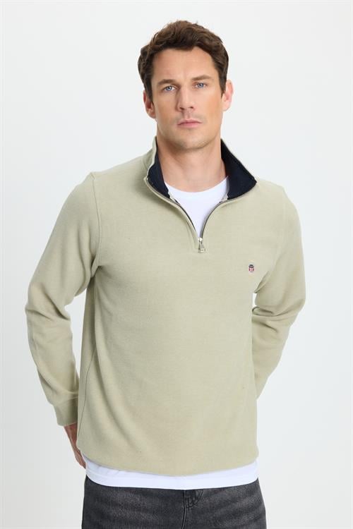 Erkek Slim Fit Dar Kesim Pamuklu Selanik Kumaş Dik Yaka Mint Sweatshirt