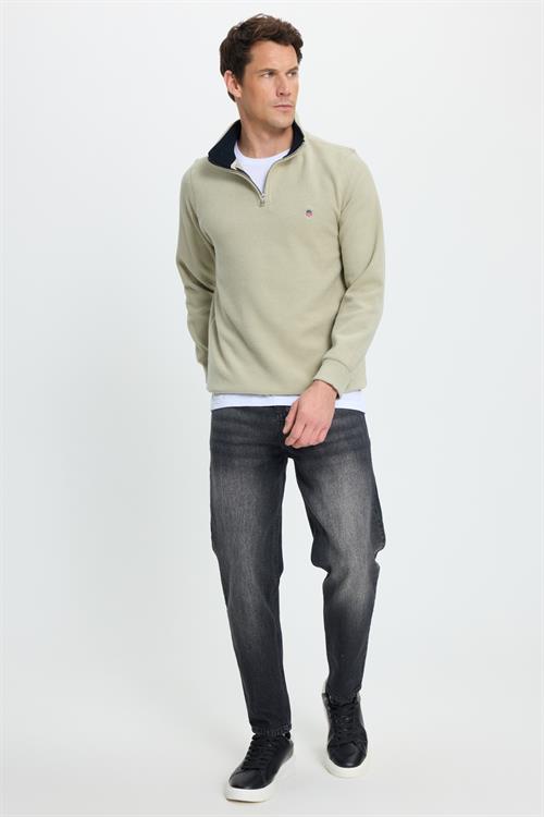 Erkek Slim Fit Dar Kesim Pamuklu Selanik Kumaş Dik Yaka Mint Sweatshirt