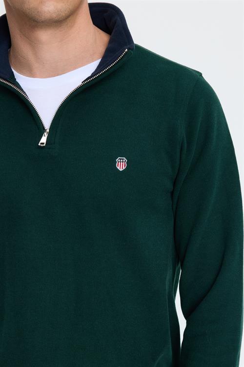 Erkek Slim Fit Dar Kesim Pamuklu Selanik Kumaş Dik Yaka Yeşil Sweatshirt