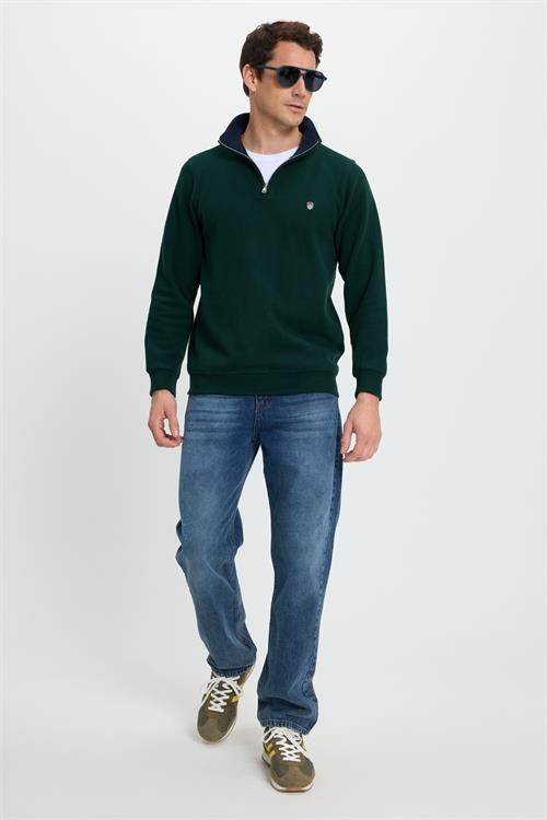 Erkek Slim Fit Dar Kesim Pamuklu Selanik Kumaş Dik Yaka Yeşil Sweatshirt