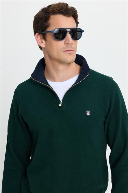 Erkek Slim Fit Dar Kesim Pamuklu Selanik Kumaş Dik Yaka Yeşil Sweatshirt