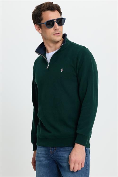 Erkek Slim Fit Dar Kesim Pamuklu Selanik Kumaş Dik Yaka Yeşil Sweatshirt