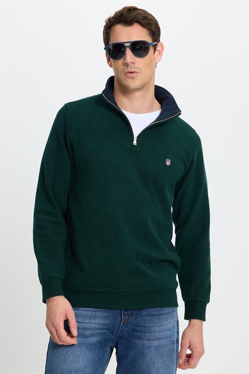 Erkek Slim Fit Dar Kesim Pamuklu Selanik Kumaş Dik Yaka Yeşil Sweatshirt