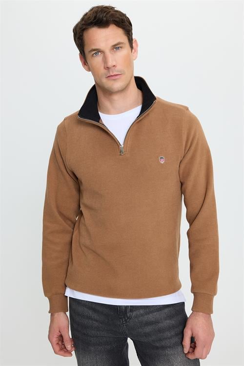 Erkek Slim Fit Dar Kesim Pamuklu Selanik Kumaş Dik Yaka Kiremit Sweatshirt