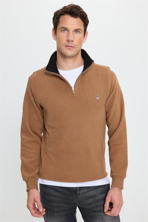 Erkek Slim Fit Dar Kesim Pamuklu Selanik Kumaş Dik Yaka Kiremit Sweatshirt