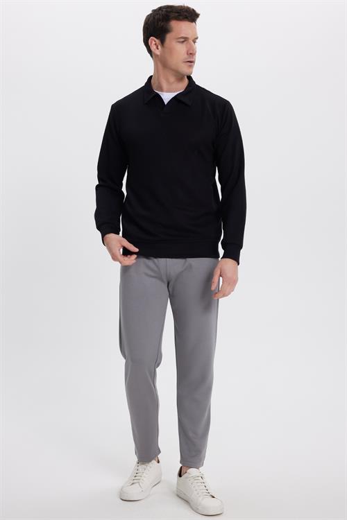 Erkek Relax Fit Rahat Kesim Polo V Yaka Siyah Sweatshirt