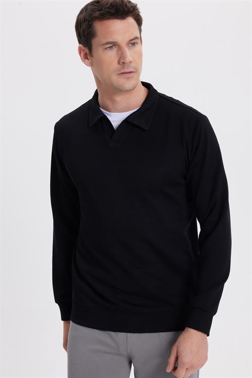 Erkek Relax Fit Rahat Kesim Polo V Yaka Siyah Sweatshirt