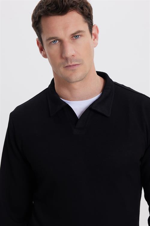 Erkek Relax Fit Rahat Kesim Polo V Yaka Siyah Sweatshirt