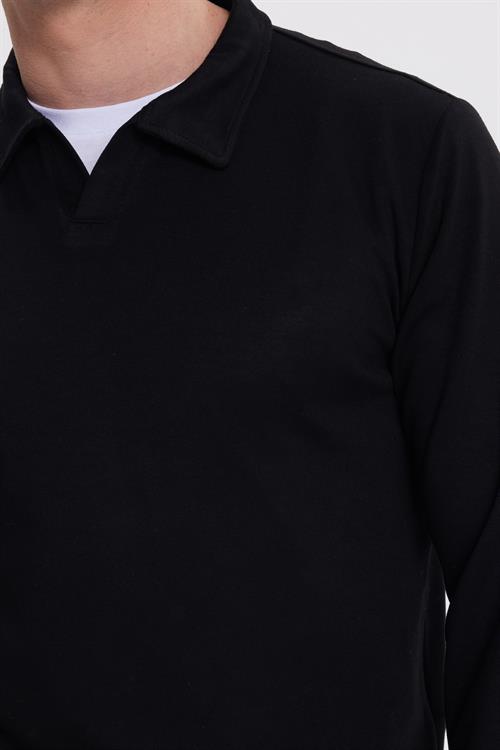 Erkek Relax Fit Rahat Kesim Polo V Yaka Siyah Sweatshirt