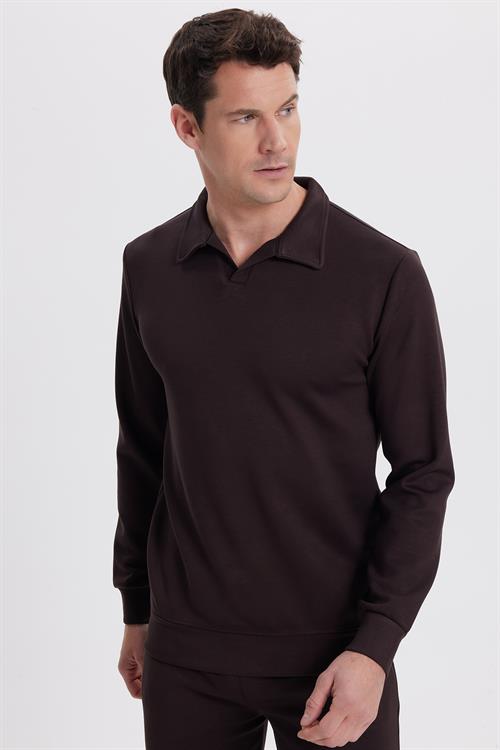 Erkek Relax Fit Rahat Kesim Polo V Yaka Kahverengi Sweatshirt