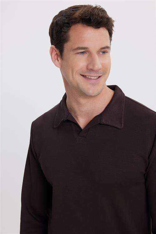 Erkek Relax Fit Rahat Kesim Polo V Yaka Kahverengi Sweatshirt
