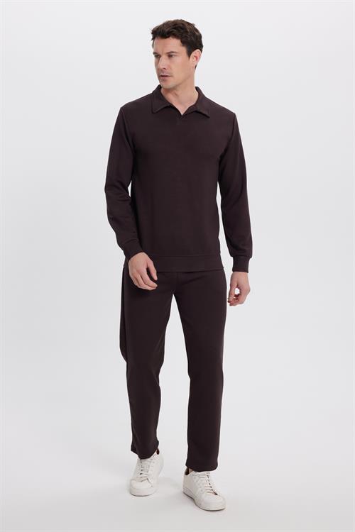 Erkek Relax Fit Rahat Kesim Polo V Yaka Kahverengi Sweatshirt