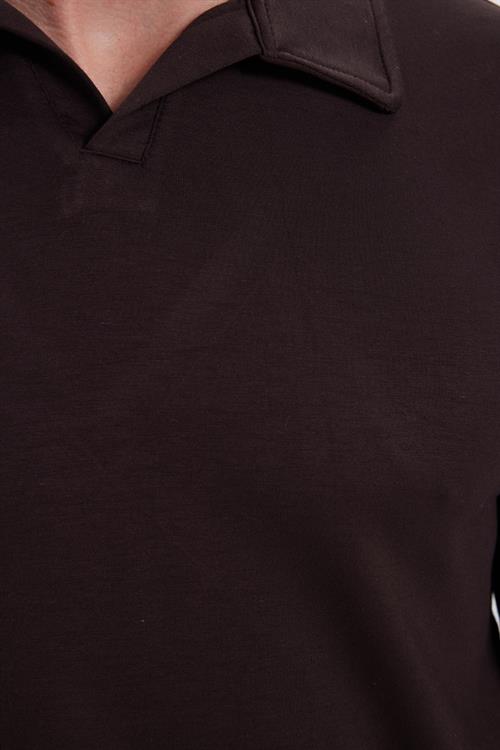 Erkek Relax Fit Rahat Kesim Polo V Yaka Kahverengi Sweatshirt