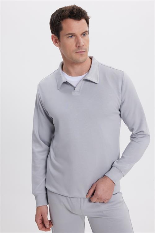 Erkek Relax Fit Rahat Kesim Polo V Yaka Gri Sweatshirt