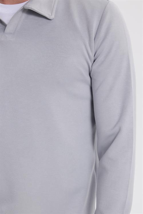 Erkek Relax Fit Rahat Kesim Polo V Yaka Gri Sweatshirt