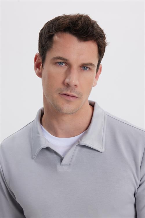 Erkek Relax Fit Rahat Kesim Polo V Yaka Gri Sweatshirt