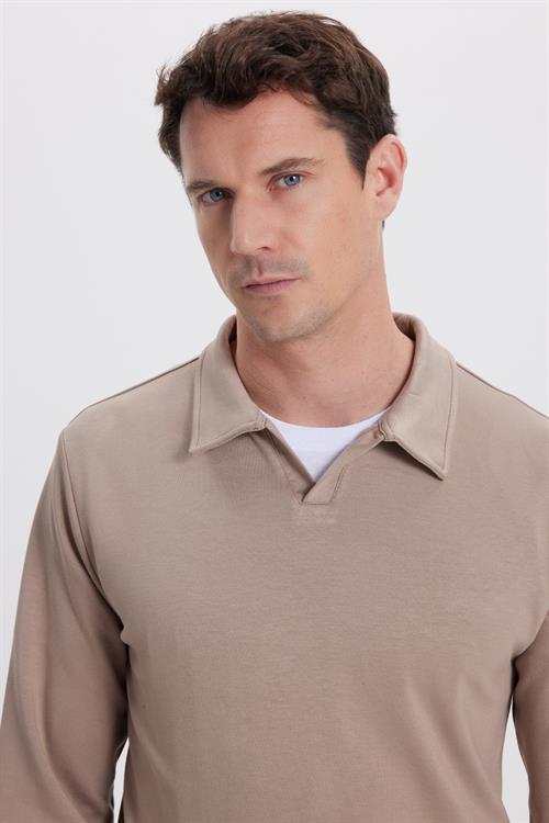 Erkek Relax Fit Rahat Kesim Polo V Yaka Vizon Sweatshirt
