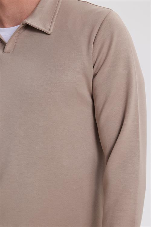 Erkek Relax Fit Rahat Kesim Polo V Yaka Vizon Sweatshirt