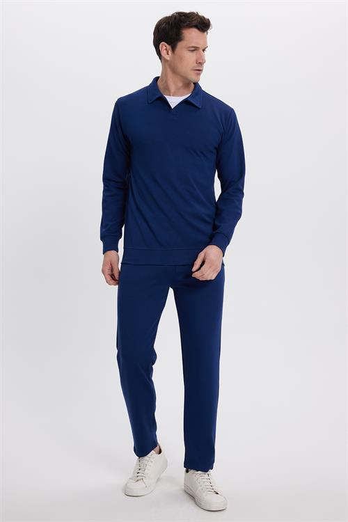 Erkek Relax Fit Rahat Kesim Polo V Yaka Açık Lacivert Sweatshirt