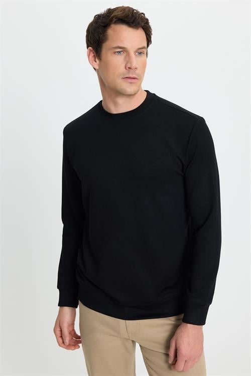 Erkek Standart Fit Normal Kesim Uzun Kollu Ekstra Soft Modal Kumaş Bisiklet Yaka Siyah Sweatshirt