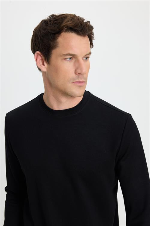 Erkek Standart Fit Normal Kesim Uzun Kollu Ekstra Soft Modal Kumaş Bisiklet Yaka Siyah Sweatshirt