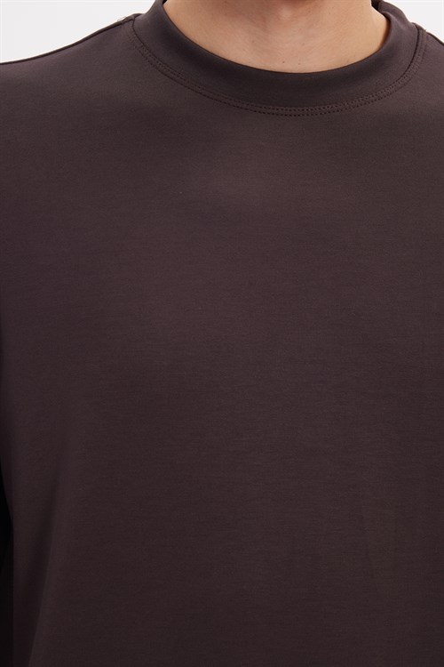 Erkek Standart Fit Normal Kesim Uzun Kollu Ekstra Soft Modal Kumaş Bisiklet Yaka Kahverengi Sweatshirt