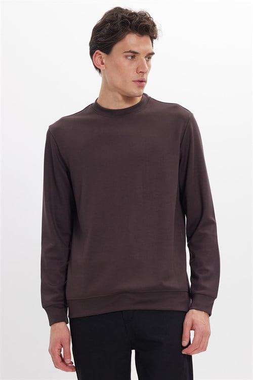 Erkek Standart Fit Normal Kesim Uzun Kollu Ekstra Soft Modal Kumaş Bisiklet Yaka Kahverengi Sweatshirt