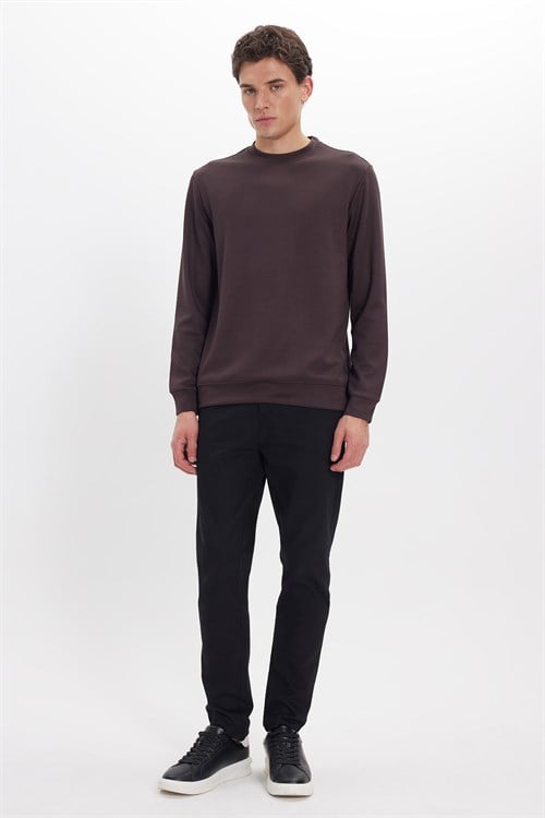 Erkek Standart Fit Normal Kesim Uzun Kollu Ekstra Soft Modal Kumaş Bisiklet Yaka Kahverengi Sweatshirt