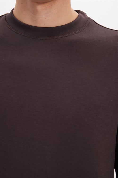 Erkek Standart Fit Normal Kesim Uzun Kollu Ekstra Soft Modal Kumaş Bisiklet Yaka Kahverengi Sweatshirt
