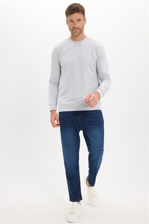 Erkek Standart Fit Normal Kesim Uzun Kollu Ekstra Soft Modal Kumaş Bisiklet Yaka Gri Sweatshirt