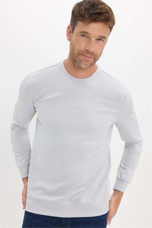 Erkek Standart Fit Normal Kesim Uzun Kollu Ekstra Soft Modal Kumaş Bisiklet Yaka Gri Sweatshirt
