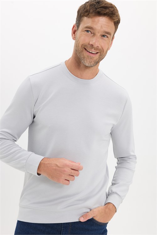 Erkek Standart Fit Normal Kesim Uzun Kollu Ekstra Soft Modal Kumaş Bisiklet Yaka Gri Sweatshirt