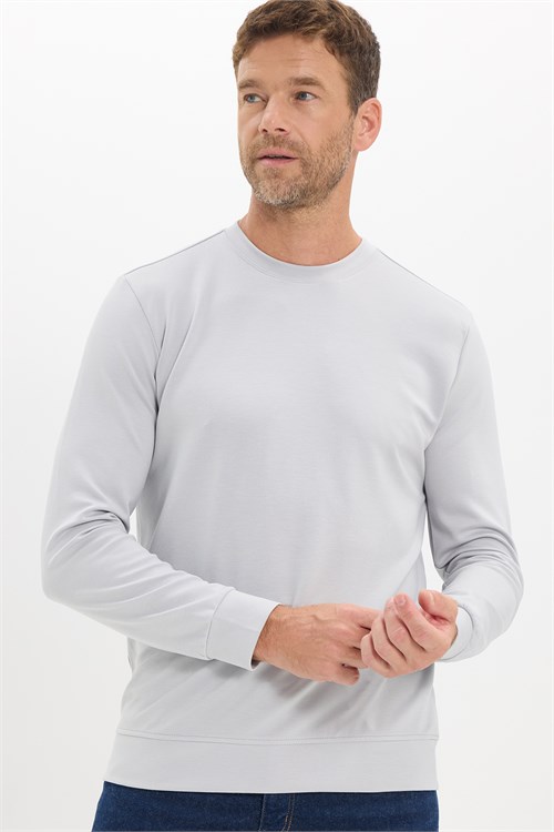 Erkek Standart Fit Normal Kesim Uzun Kollu Ekstra Soft Modal Kumaş Bisiklet Yaka Gri Sweatshirt