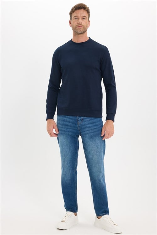 Erkek Standart Fit Normal Kesim Uzun Kollu Ekstra Soft Modal Kumaş Bisiklet Yaka Lacivert Sweatshirt