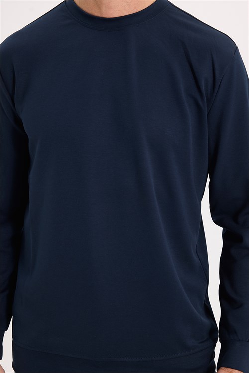 Erkek Standart Fit Normal Kesim Uzun Kollu Ekstra Soft Modal Kumaş Bisiklet Yaka Lacivert Sweatshirt